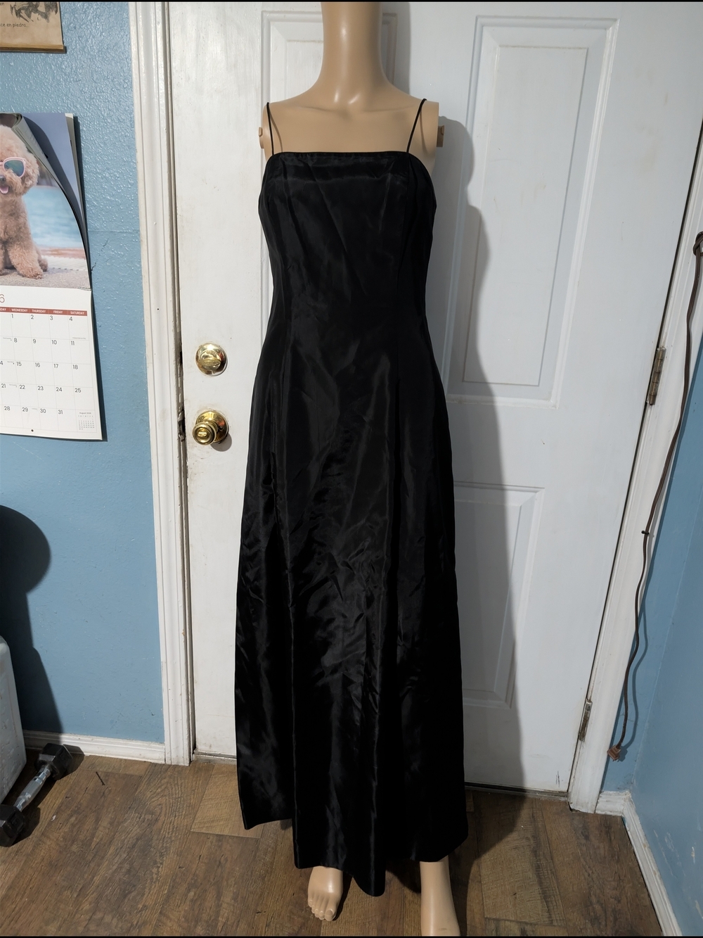 Alex Evenings Black Satin Spaghetti-Strap Maxi Dress